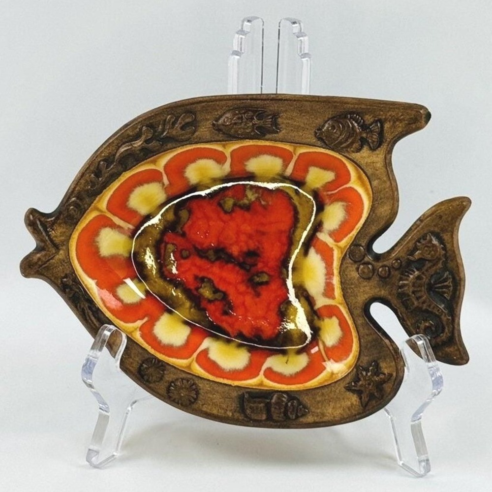 Vintage Treasure Craft Fish Dish Red Orange Lava Glaze MCM California Pottery